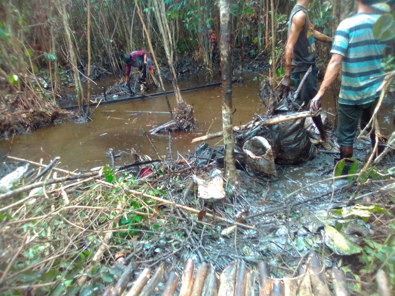 Foto: Para Pekerja saat membersihkan limbah minyak dari kebocoran pipa milik PT Pertamina Asset 2 Field Adera