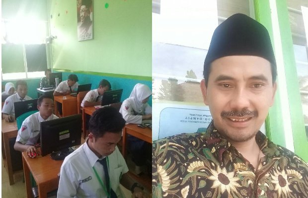 Foto Kiri: Siswa MTS Asharul Ulum saat UNBK dan Kepala Sekolah MTS Asharul Ulum Sukodono Miskari, SP.