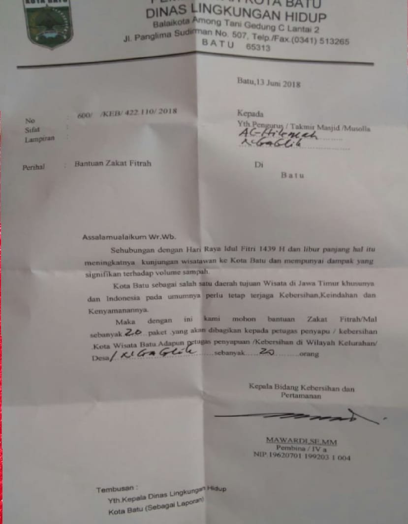 Foto: Surat permintaan zakat fitrah yang dikirim DLH kota batu pada takmir masjid