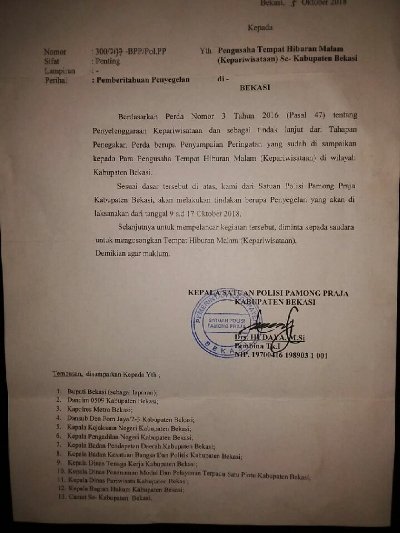 Foto: Surat Penyegelan Tempat Hiburan Malam Yang Dikeluarkan Oleh Satpol PP Kabupaten Bekasi.