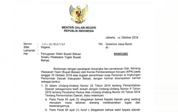 Foto: Surat penunjukan wabup bekasi sebagai plt bupati