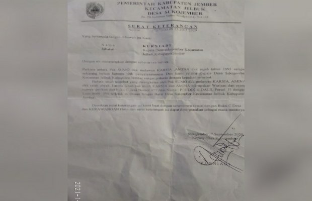 Foto : Surat keterangan buku C dan Kerawangan yang dikeluarkan Desa Sukojember, Jember