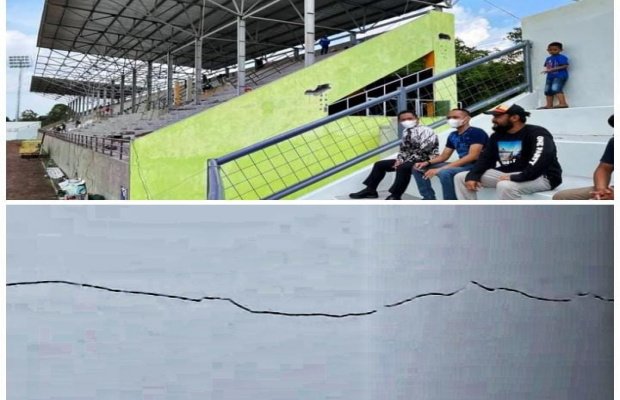  Foto : Bupati Lumajang mengenakan pakaian motif batik saat meninjau proyek rebab stadion semeru ( atas ). Keretakan yang diunggah Arman Maulana di akun sosial media ( bawah ).