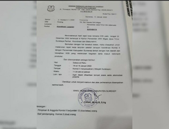 Foto: Screnshot surat sakti Komisi II DPRD Sumenep ke SKK