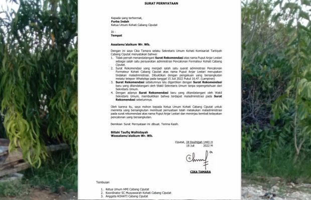 Foto : Surat Pernyataan Sekum Komtar, Cika Tamara mengenai pencalonan formateur Kohati Cabang Ciputat
