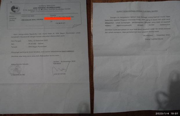 Foto: Surat undangan wali murid