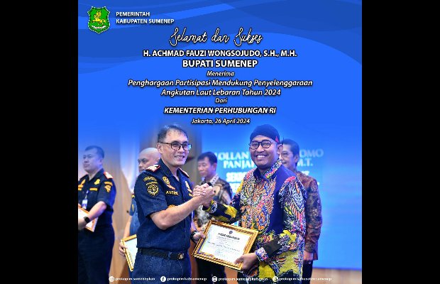 Foto: Bupati Sumenep Achmad Fauzi Wongsojudo saat menerima penghargaan dari Kementerian Perhubungan RI di Jakarta