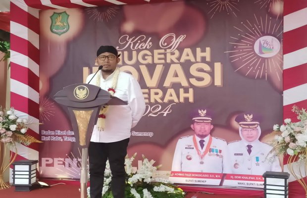 Foto: Bupati Sumenep Achmad Fauzi Wingsojudo saat meberikan sambutan di peresmian kantor Badan Riset Daerah (Brida) dan Kick Of Anugerah Inovasi Daerah