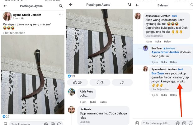 Foto: Tangkapan layar postingan berisi ancaman di linimasa akun facebook Ayana Grosir Jember dan reaksi komentar yang muncul.