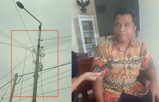Foto: Tiang Penerang Jalan Umum (PJU) dan kabel Internet semrawut. 