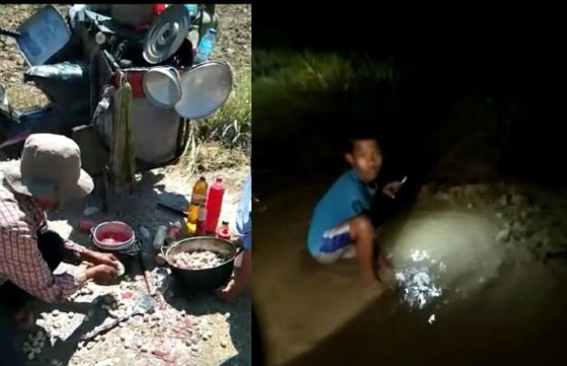 Foto: (kiri) penjual pentol sedang memilih pentolnya pasca terjaruh. (Kanan) seorang anak sedang mencari ikan di jalan berlubang