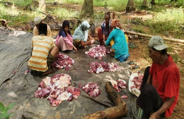 Foto: jemaah pengajian Al Hidayah saat membagi daging sapi utk anggota