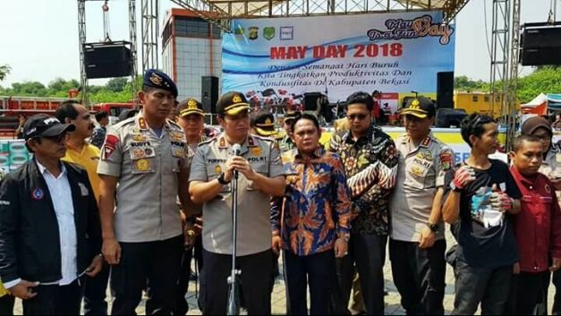 Wakapolda Metro Jaya Brigjen Purwandi saat memberi sambutan di kegiatan May Day 2018 di Taman Sehati, Cikarang Timur, Selasa (1/5/2018).