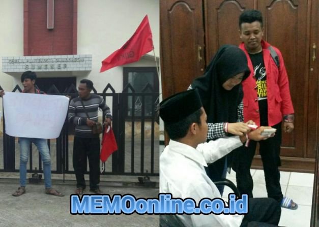 Foto : Peserta Saat Berada Di Depan Gereja Dan Saat Peserta Aksi Mengikat Pita Pada Salah Satu Anggota DPRD Sumenep