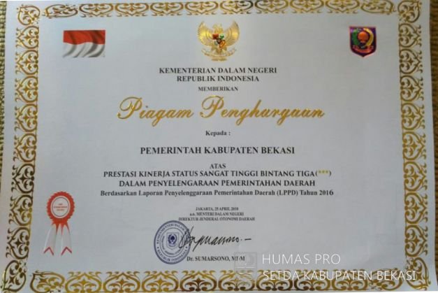 Pemerintah Kabupaten Bekasi mendapat penghargaan Atas Kinerjanya Dengan ‘Predikat Nilai Sangat Tinggi’ 