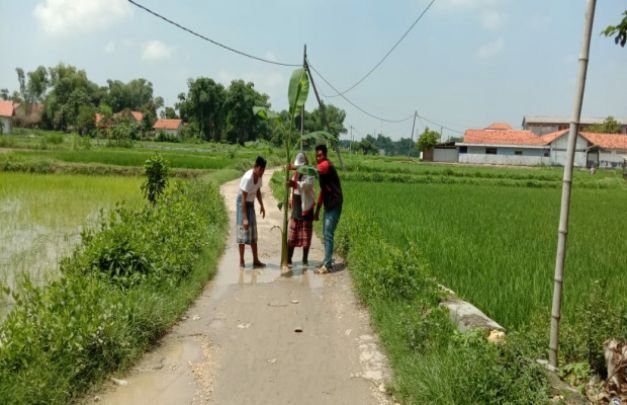 Foto: Foto : Warga Dusun Tambengan menanami pohon pisang di jalan yang rusak parah