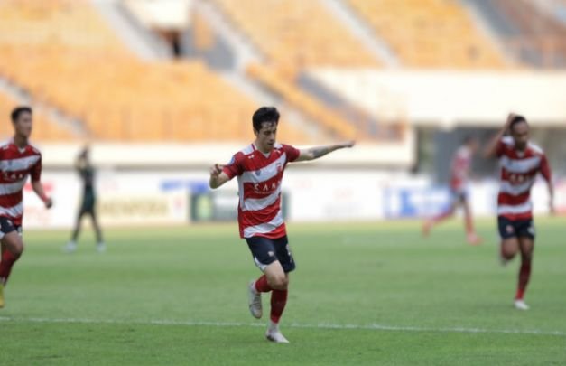 Foto: Selebrasi gol pemain Madura United vs Persikabo di Wibawa Mukti Bekasi 