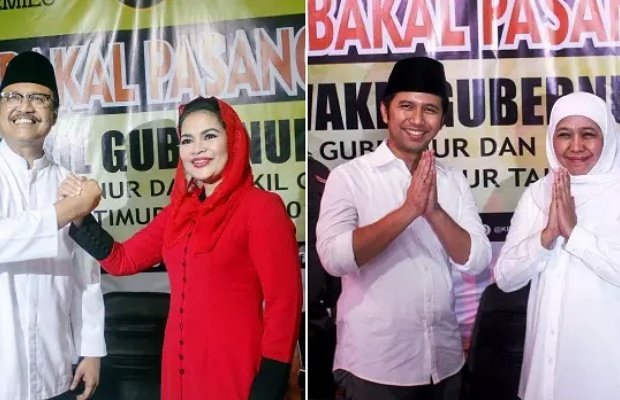 Foto: Gus Ipul-Puti (kiri) dan Khofifah-Emil saat sama-sama memberikan salam dari Kantor KPU Jatim. (Duta.co)