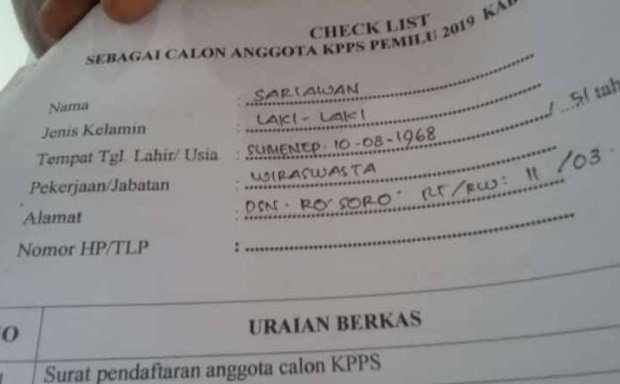 foto: formulir pendaftaran petugas KPPS milik Sariawan