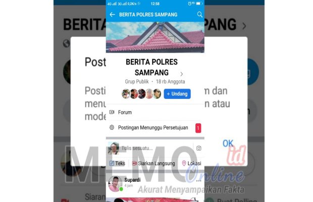  Foto : Postingan Wartawan di facebook group Berita Polres Sampang tidak di respon oleh admin atau moderator.