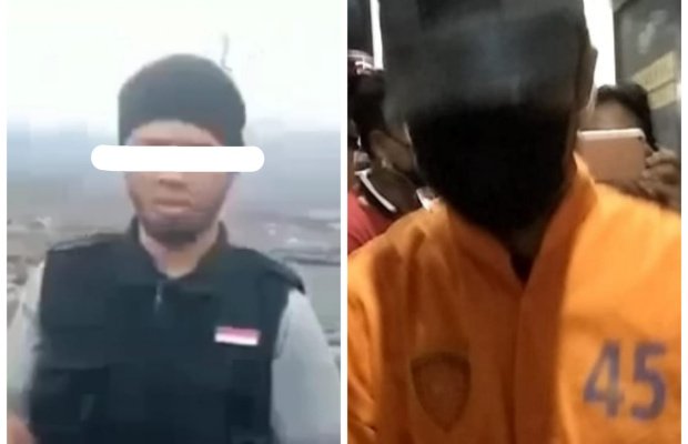   Foto : pelaku saat tiba di Mapolres Lumajang ( kanan ), pasca dipindahkan dari Mapolda Jatim.