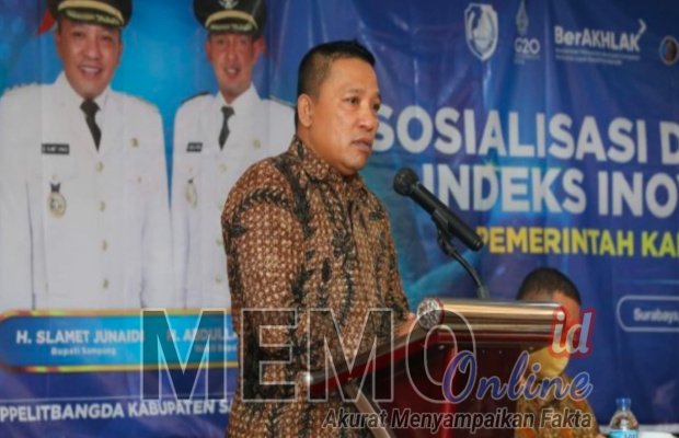 Foto : Bupati Sampang H Slamet Junaidi saat memberikan sambutan di Hotel Santika Surabaya