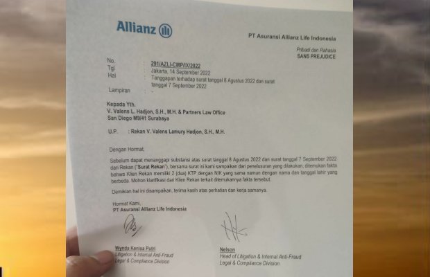 Foto : Surat jawaban Asuransi Allianz atas nasabah Ester kepada kantor hukum V. Valens L. Hadjon, S.H., M.H.