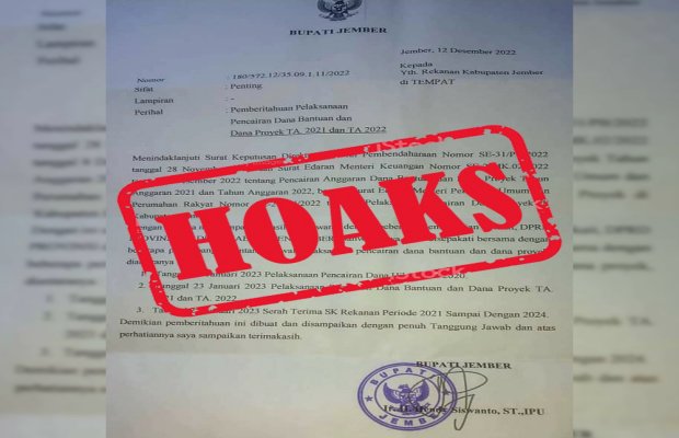 Foto: Informasi SK Pencairan Dana Hibah Bupati Jember Hoaks. 