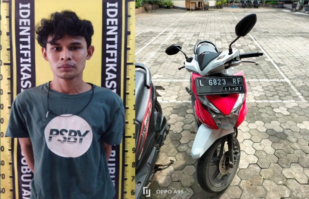 Foto tersangka bersama barang bukti sepeda motor Bead saat diamanakan perugas