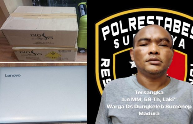 Foto: tersangka berikut barang buktinya saat diamankan petugas ke Polrestabes Surabaya