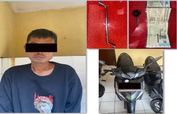 Foto: tersangka dan barang bukti, 1 sepeda motor , STNK, kunci kontak, dan kunci ukuran 6/8