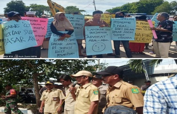 Foto: Paguyuban pemilik kios Pasar Anom Sumenep saat menggelar Unras di area pasar tradisional