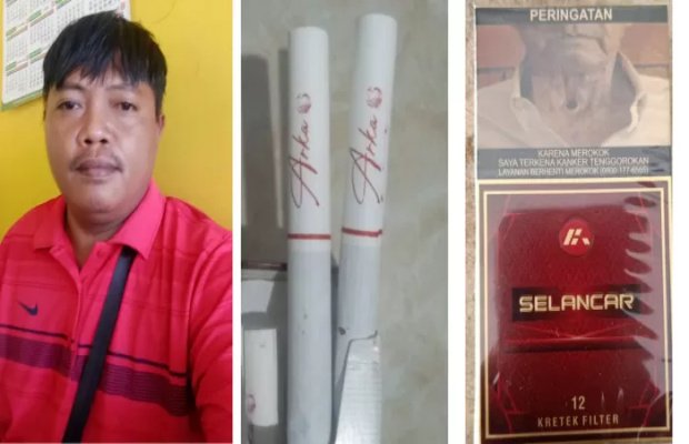 Foto: Farid Gaki, serta dua merek rokok ilegal, Selancar dan Arka 