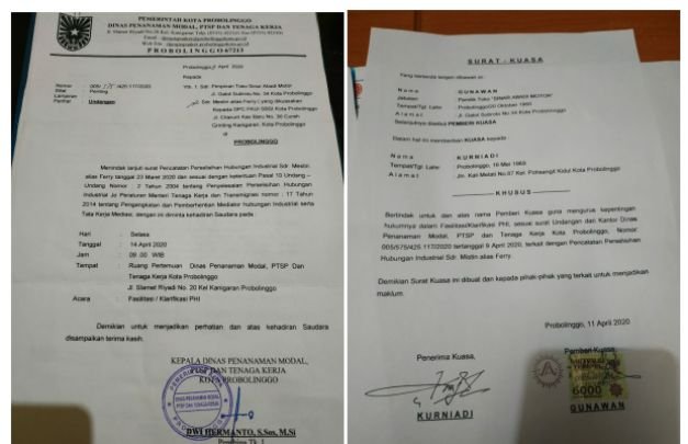 Foto : Surat Kuasa Kurniadi Dan Surat Undangan Dari Tenaga Kerja