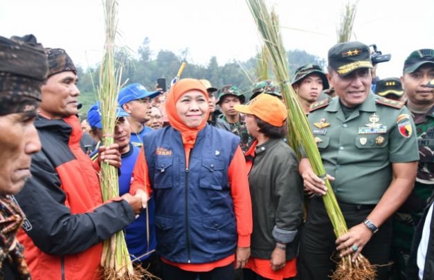 Foto: Gubernur Jawa Timur dan Pangdam V/Brawijaya saat menyerahkan 50 ribu Rumput Vertiver di Ranupani Lumajang