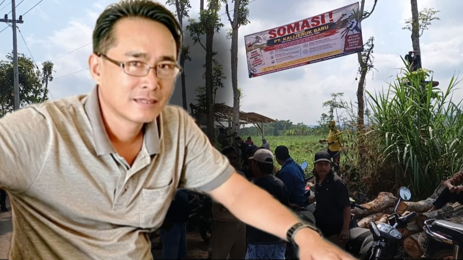 Foto : Arsyad Subekti dengan background pemasangan banner somasi dilokasi perkebunan PT. Kali Jeruk Baru. (Doc.memoonline)