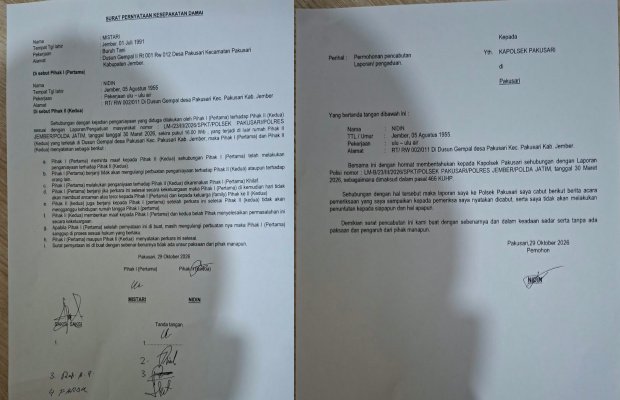 Foto: Surat pernyataan kedua belah pihak saat dipolsek Pakusari pada Kamis 29/10/2026 malam